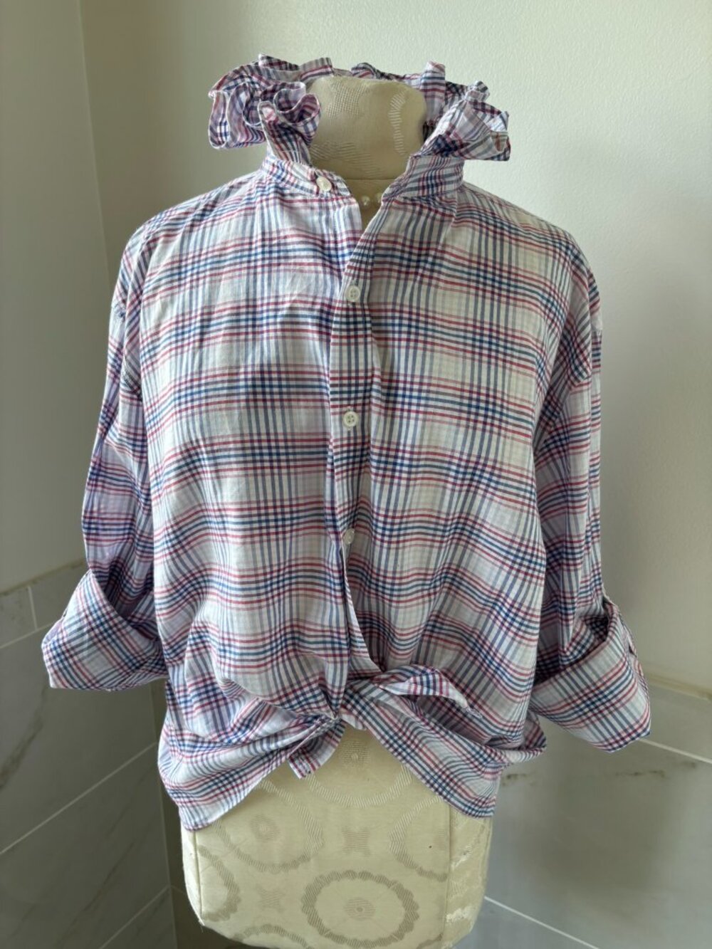 Viral Reworked Upcycled Saks Plaid Button Down Shirt Ruffle Collar L-XL PREPPY